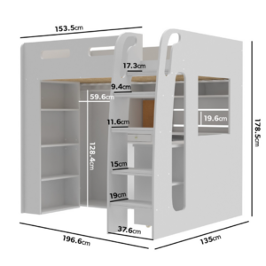 High Sleeper Loft Bed with Desk and Wardrobe in Carter white